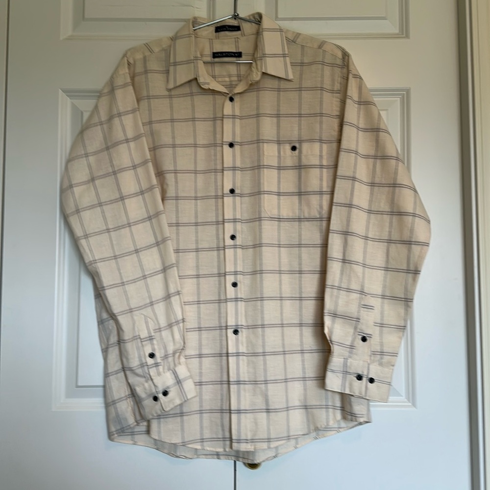 Halston III Shirt Long sleeve button down cream plaid striped size Large men’s.